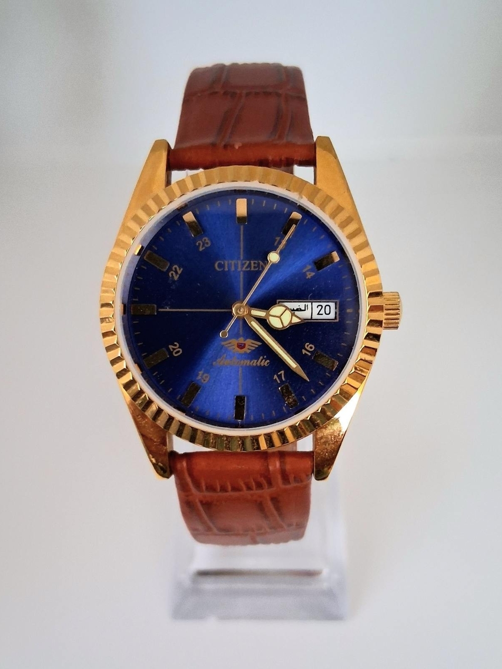 Citizen Men's Blue Dial Gold Case Brown Leather Strap Watch